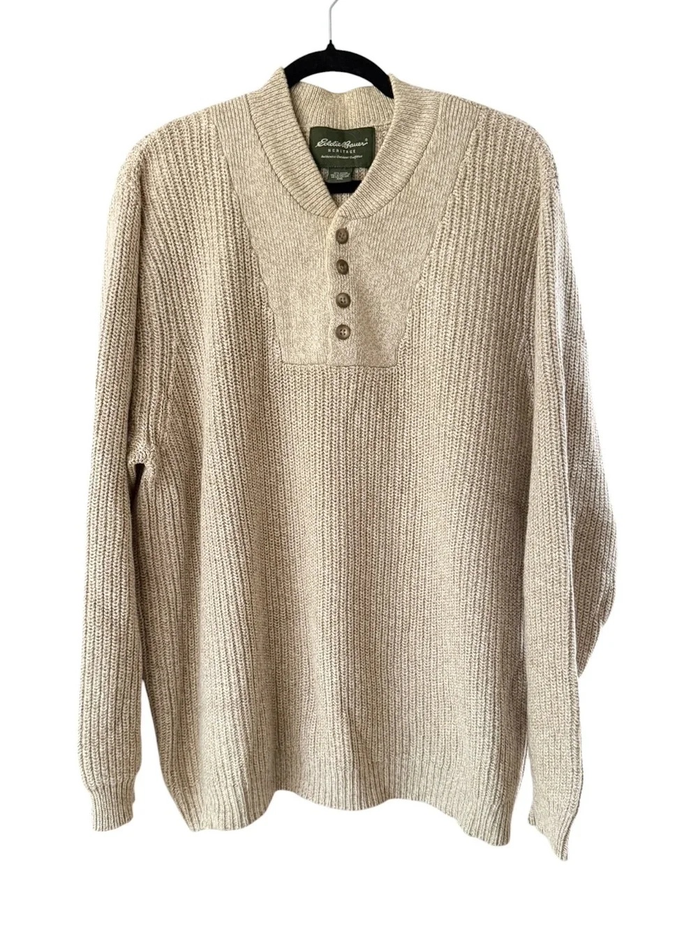 Eddie Bauer Men's Vintage Beige Cream Henley Knit Sweater 100% Cotton XXL